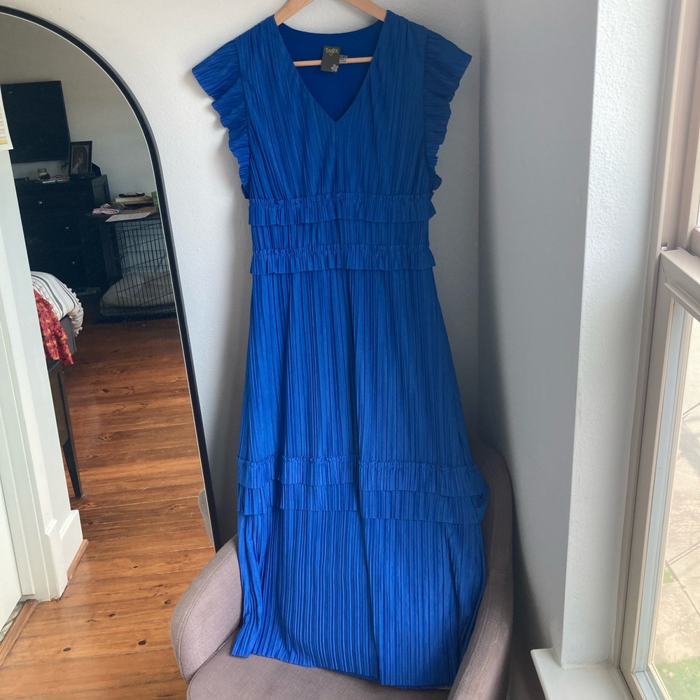 Taylor Pleated Tiered Midi Dress in Blue 8 - Picture 1 of 8